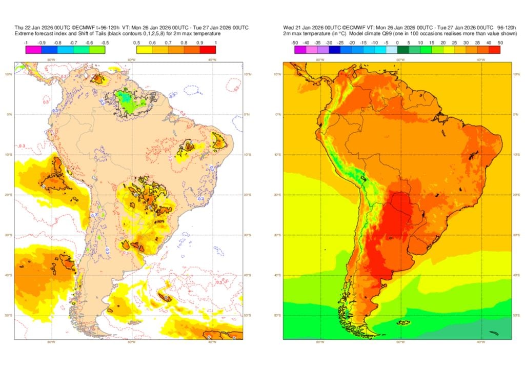 Previsão de EFI do modelo ECMWF para a próxima terça-feira. Previsão de EFI do modelo ECMWF para a próxima terça-feira mostra corrobora que há condições para condições muito incomuns ou extremas nos seguintes estados: MS, SP, PR, SC e RS.