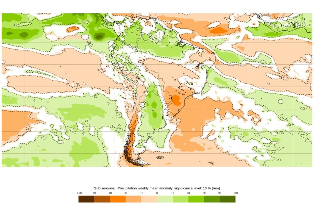 sul, sudeste, anomalia Anomalia semanal de precipitação indica chuva abaixo da média em grande parte do Centro-Sul até 8 de junho, reforçando o predomínio de tempo firme após a instabilidade no Sul.