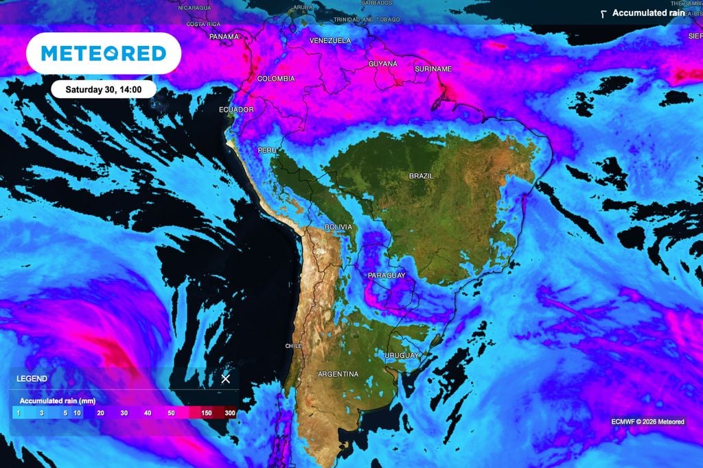 chuva, acumulada, precipitação Chuva acumulada até sábado mostra volumes mais concentrados no Sul, enquanto grande parte do Centro-Sul segue com pouca precipitação nos dias seguintes.