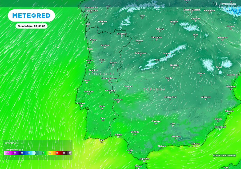 Contraste térmico marcado entre Norte e Sul. O interior Norte e Centro com temperaturas entre 1–6 ºC, enquanto Faro regista cerca de 15 ºC à mesma hora.