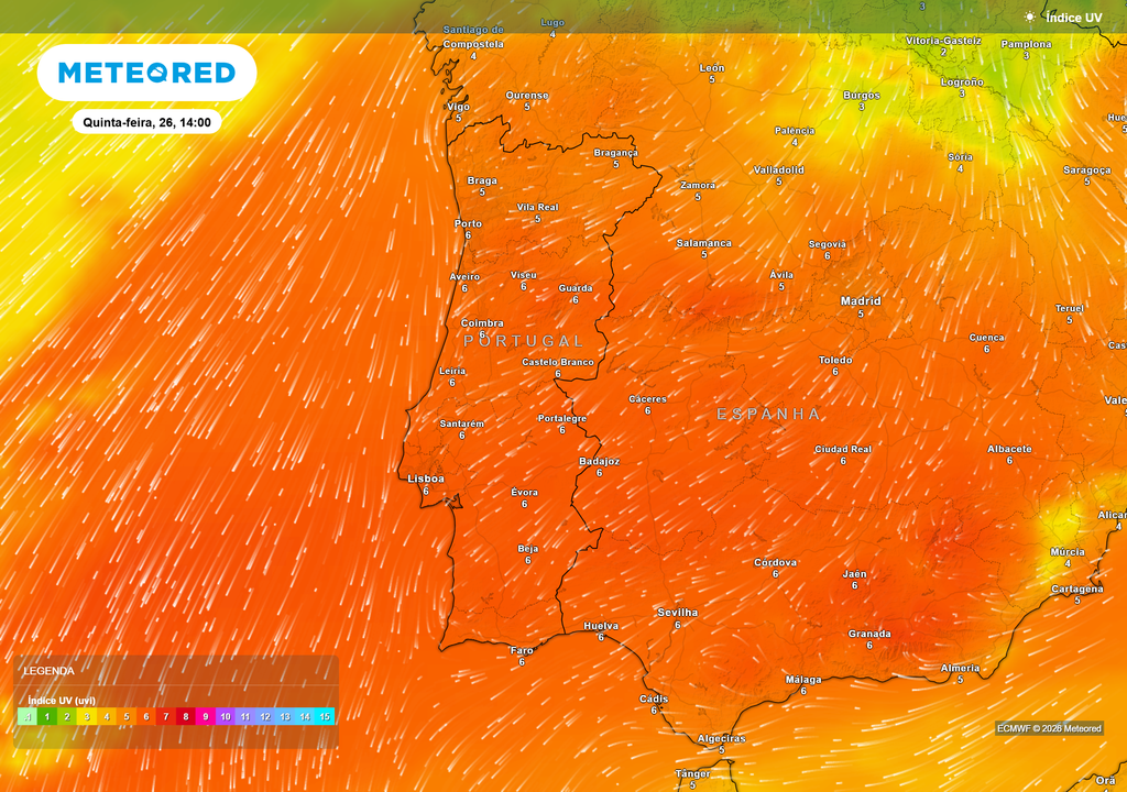 Mapa atmosférico: uv Céu limpo e ausência de nebulosidade permitem elevada radiação solar, com índice UV moderado a elevado e aquecimento diurno significativo.