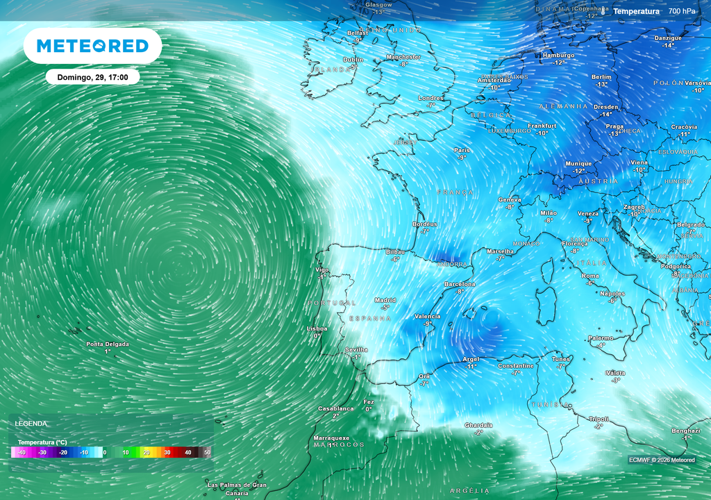 Mapa atmosférico: Temperatura 700 hPa Circulação de nordeste transporta ar frio sobre a Península Ibérica, evidenciando a extensão da massa de ar polar.