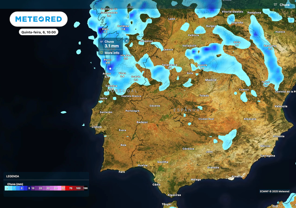 Redução da precipitação ao longo da semana,