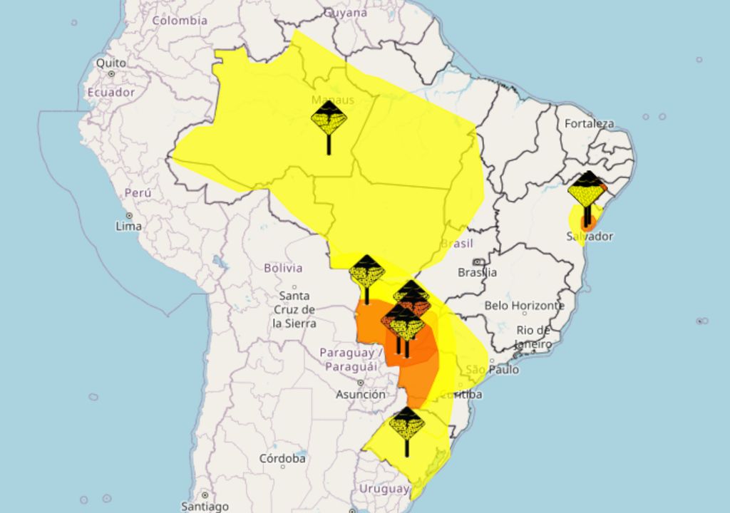 Mapa de alertas emitidos pelo INMET para esta quarta-feira.