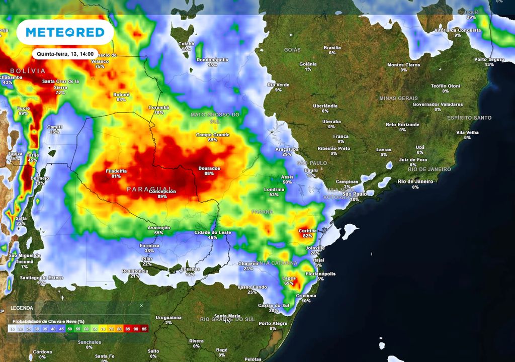 Previsão de probabilidade de chuva na quinta-feira durante a tarde.