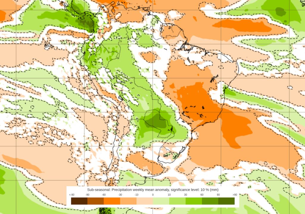 Previsão de anomalias de acumulados de chuva entre os dias 10 e 17 de novembro.