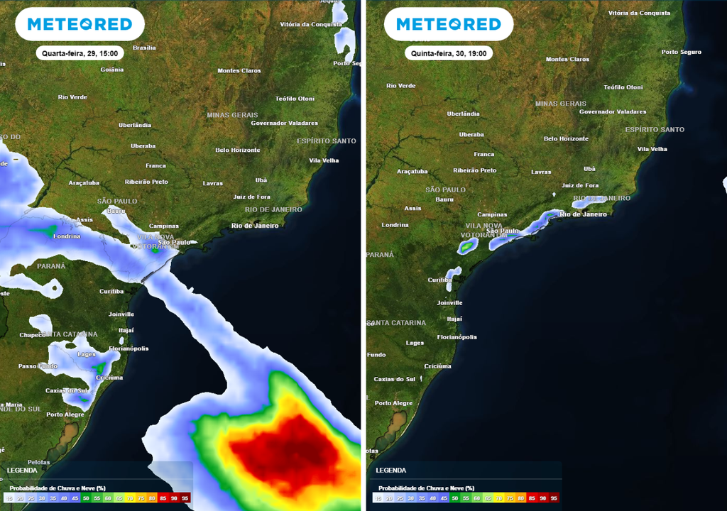 Previsão da probabilidade de precipitação (%) para quarta-feira (29) à tarde à esquerda e para quinta-feira (30) à noite à esquerda, segundo o modelo europeu ECMWF.