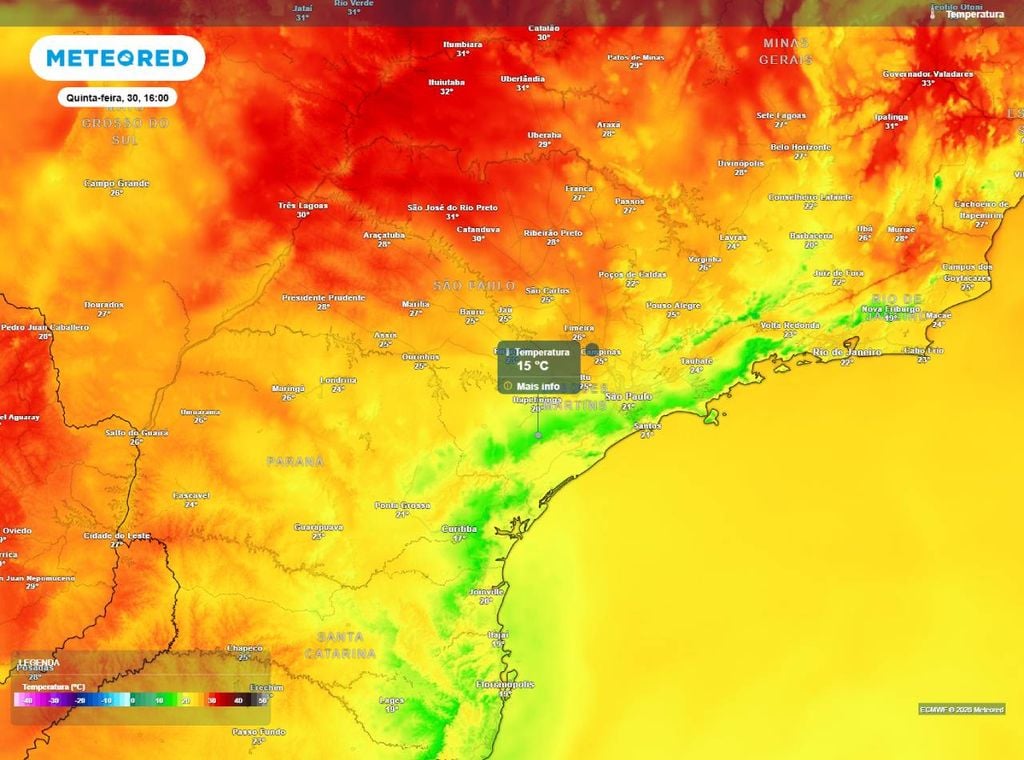 Previsão da temperatura do ar (em °C) para a quinta-feira (30) à tarde, segundo o modelo europeu ECMWF.