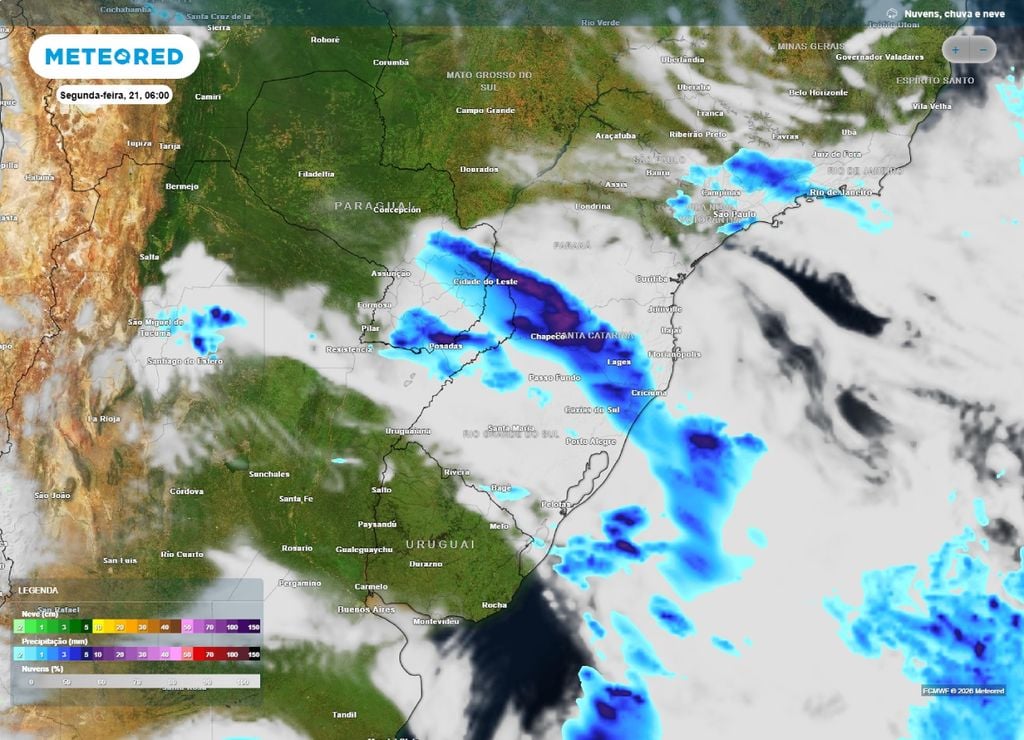 frente fria Previsão de chuva e nebulosidade para a o início da manhã da segunda-feira, 21 de setembro.