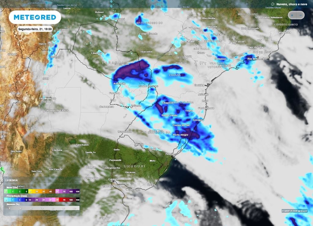 tempestades Previsão de chuva e nebulosidade para o fim da tarde da segunda-feira, 21 de setembro.