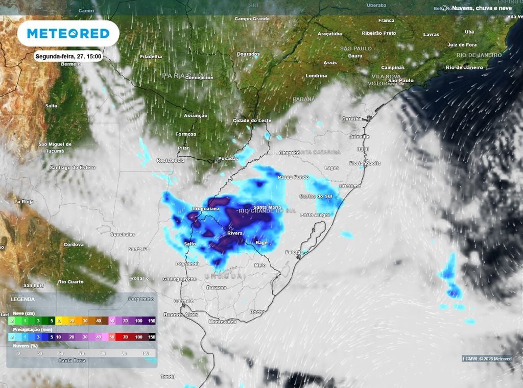 Precipitação prevista para a tarde de segunda-feira (27).