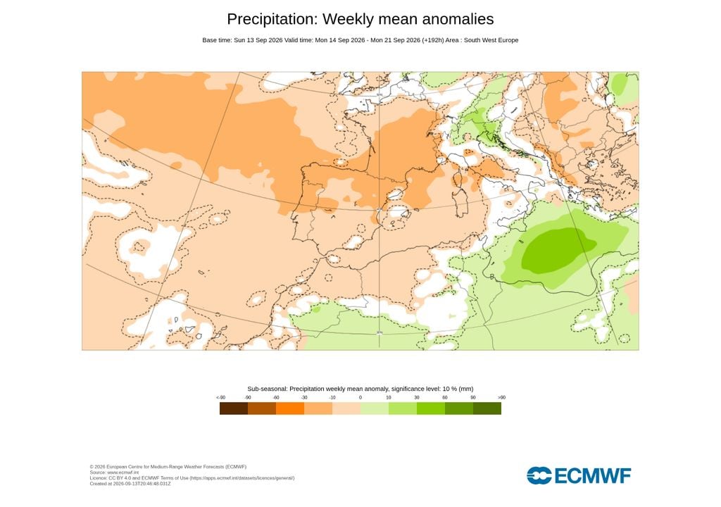 anomalia de precipitação Em relação à precipitação, espera-se uma anomalia negativa, ou seja, valores abaixo da média, também nas próximas duas semanas.