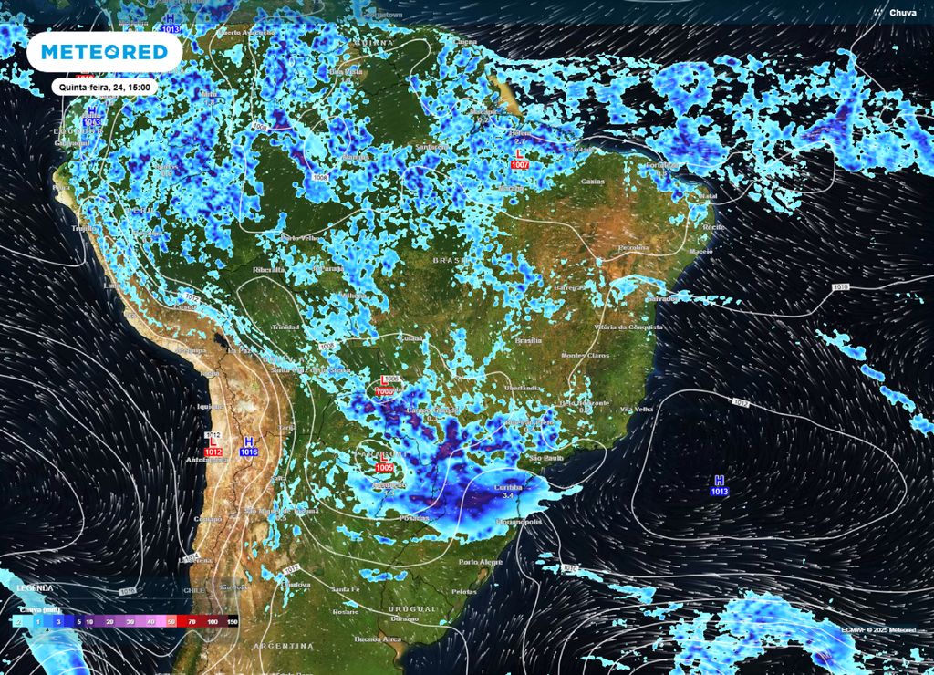 Mapa de precipitação prevista para o Brasil na tarde desta quinta-feira (24), segundo o modelo ECMWF Mapa de precipitação prevista para o Brasil na tarde desta quinta-feira (24), segundo o modelo ECMWF
