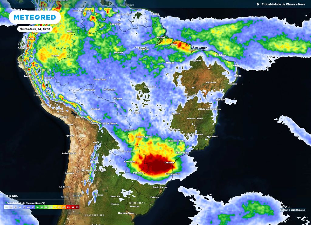 Mapa de probabilidade de precipitação para a tarde de quinta-feira (24), segundo o modelo ECMWF. Mapa de probabilidade de precipitação para a tarde de quinta-feira (24), segundo o modelo ECMWF.