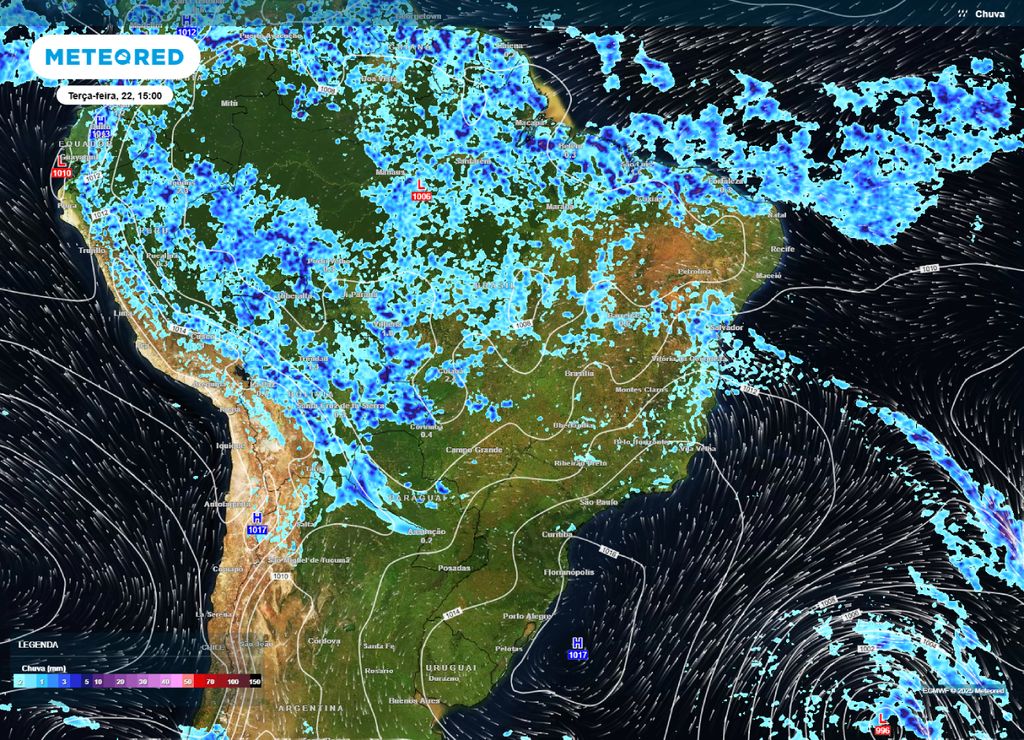 Mapa de precipitação prevista para o Brasil na tarde desta terça-feira (22), segundo o modelo ECMWF Mapa de precipitação prevista para o Brasil na tarde desta terça-feira (22), segundo o modelo ECMWF