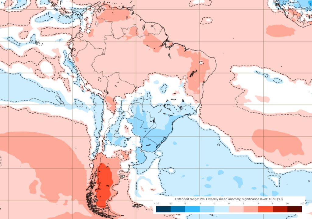Previsão de anomalias de temperatura do modelo ECMWF entre 23 e 30 de dezembro.