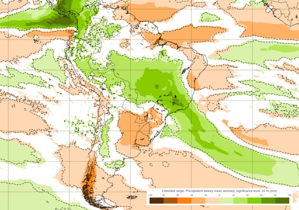 Previsão de anomalias de chuva do modelo ECMWF entre 23 e 30 de dezembro.