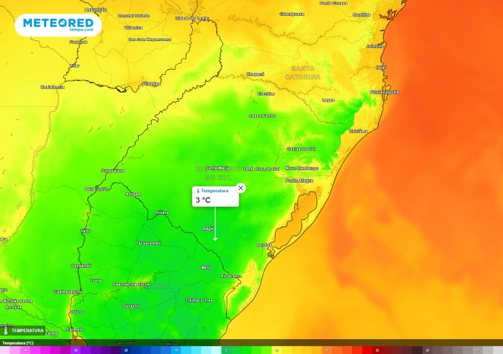 Temperaturas mínimas previstas para o Sul do Brasil na madrugada de sexta-feira (13).