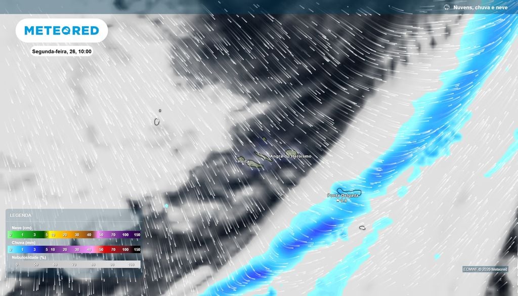 Previsão da nebulosidade e precipitação para segunda-feira, 26 de outubro, às 10:00 Previsão da nebulosidade e precipitação para segunda-feira, 26 de outubro, às 10:00. Fonte: Modelo ECMWF / Meteored