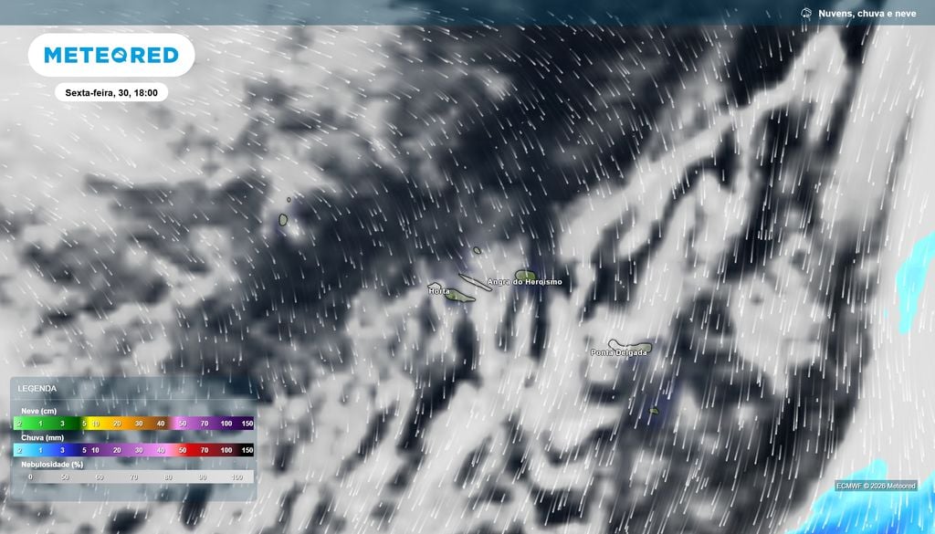 Previsão da cobertura de nuvens sobre o arquipélago dos Açores para sexta-feira, 30 de outubro, às 18:00 Previsão da cobertura de nuvens sobre o arquipélago dos Açores para sexta-feira, 30 de outubro, às 18:00. Fonte: Modelo ECMWF / Meteored