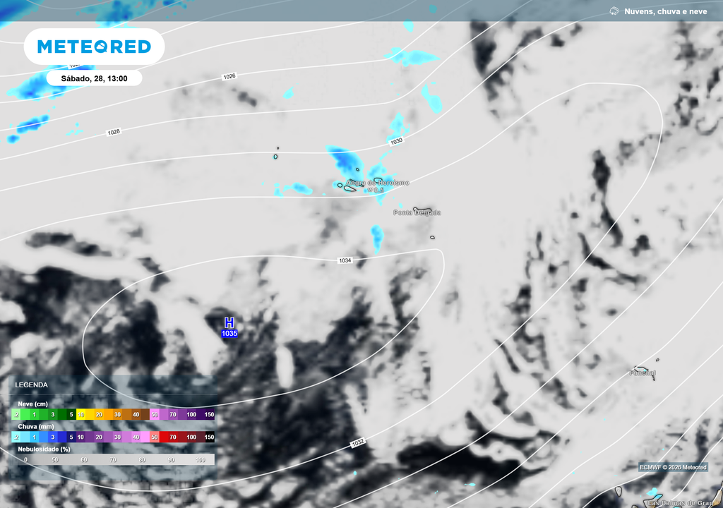 chuva prevista Entre sexta-feira e sábado, o arquipélago dos Açores poderá contar com ocorrência de chuva fraca, apesar da presença do anticiclone.