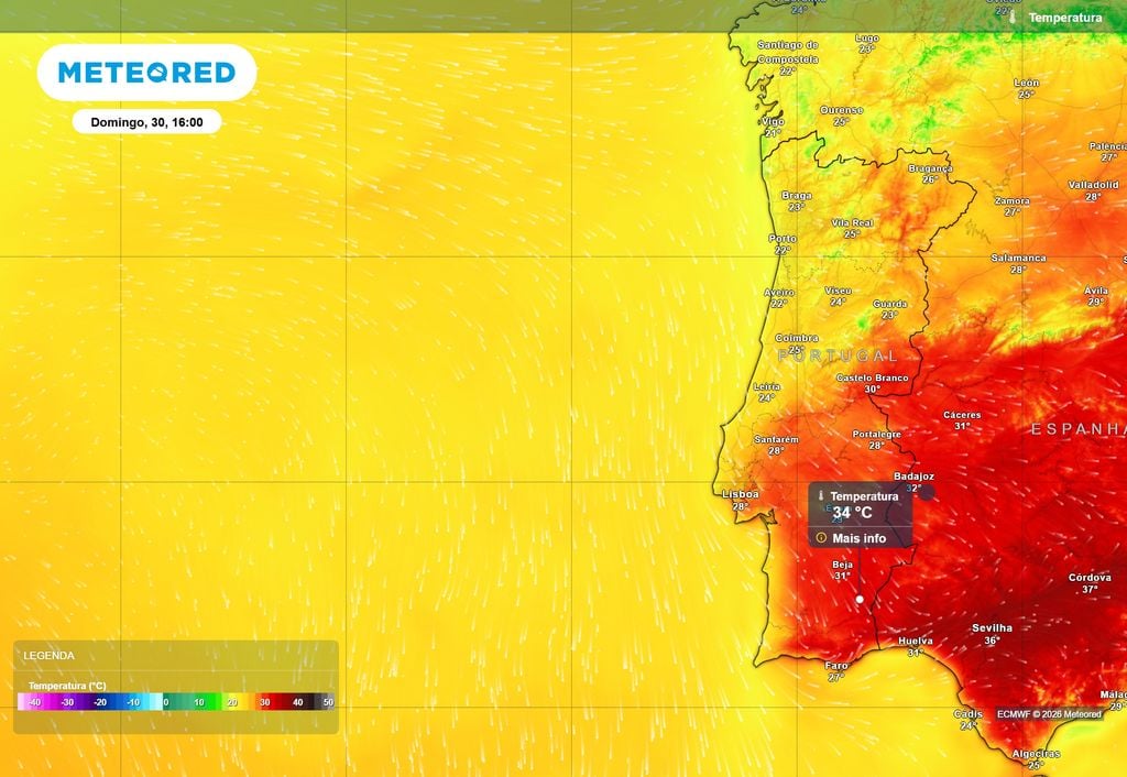 Domingo, 30 de agosto, com um contraste térmico importante nas regiões a norte e a sul do sistema montanhoso Montejunto-Estrela.