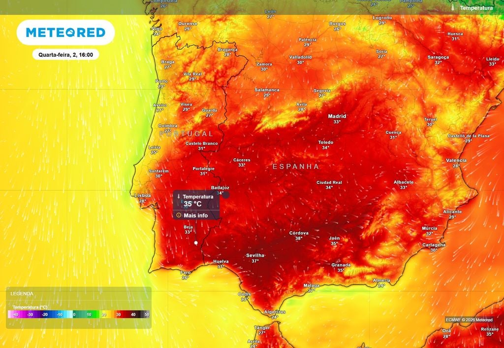 Uma extensão geográfica cada vez mais significativa será abrangida pela recuperação das temperaturas, tal como se vê neste mapa de previsão para quarta-feira, 2 de setembro.
