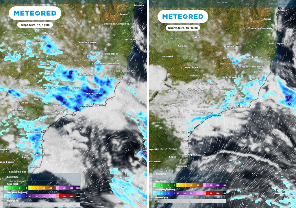 Previsão de precipitação (mm) e nebulosidade para terça-feira (15) às 17h à esquerda e para quarta-feira (16) às 13h à direita, segundo o modelo europeu ECMWF.