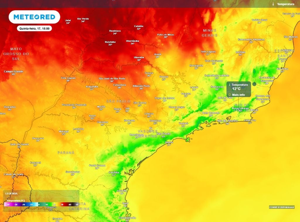 Previsão da temperatura máxima do ar (°C) para quinta-feira (17), segundo o modelo europeu ECMWF.