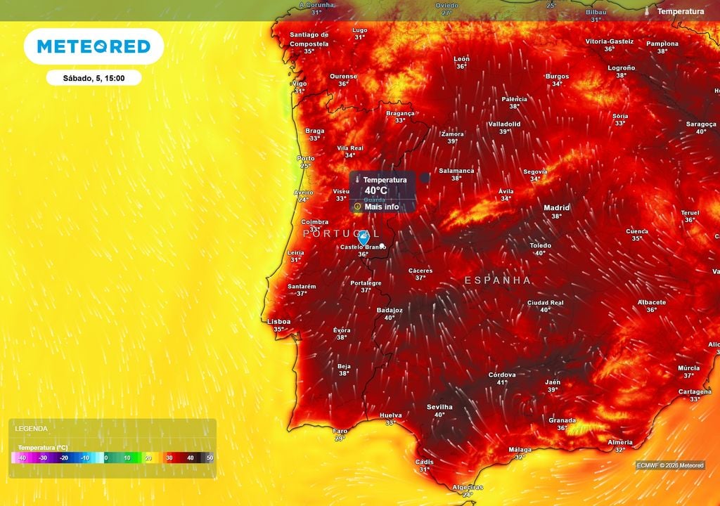 Temperatura O calor mantém-se muito intenso no sábado, com vários locais do interior a aproximarem-se ou atingirem os 40 ºC. Bragança, Castelo Branco, Évora e Beja estarão entre as regiões mais quentes.