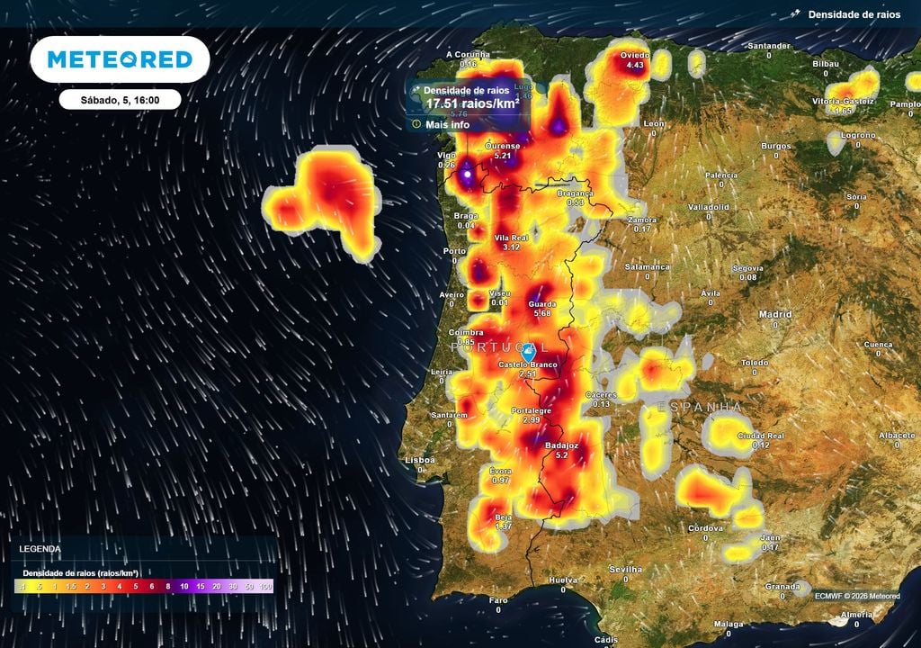 Densidade de raios As trovoadas poderão desenvolver-se de Norte a Sul durante a tarde, com maior atividade no Norte e Centro. Alguns núcleos poderão apresentar densidades superiores a 15 raios/km², acompanhados localmente por granizo e rajadas fortes.