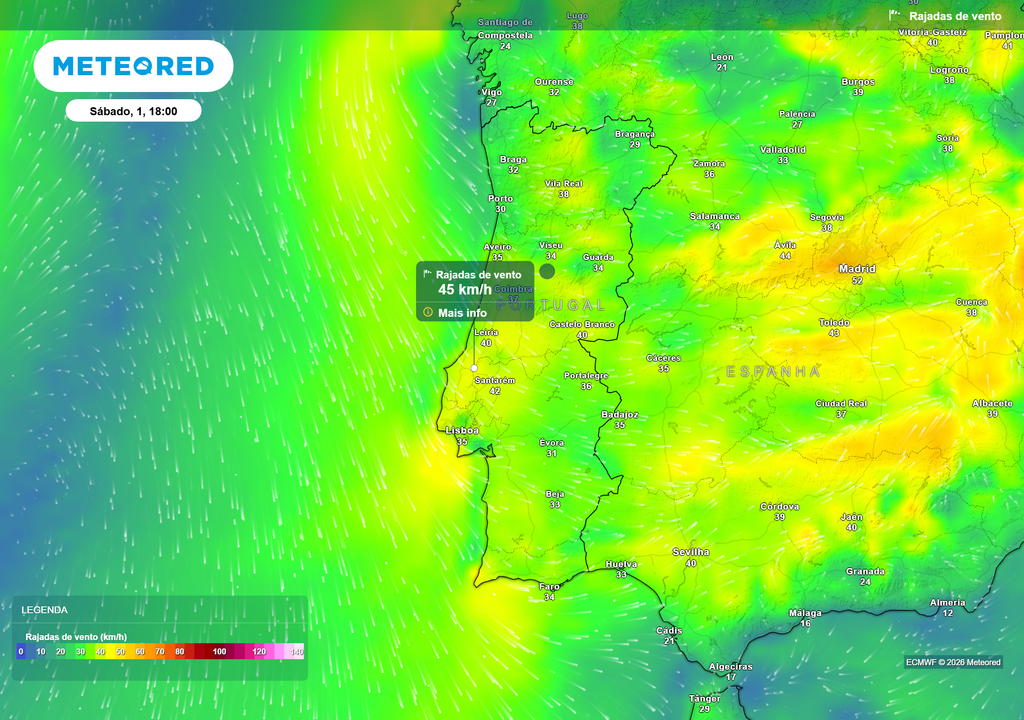 Rajada de vento (km/h) O vento aumentará durante a tarde de sábado, com rajadas moderadas até cerca de 45 km/h, sobretudo no litoral e nas terras altas.