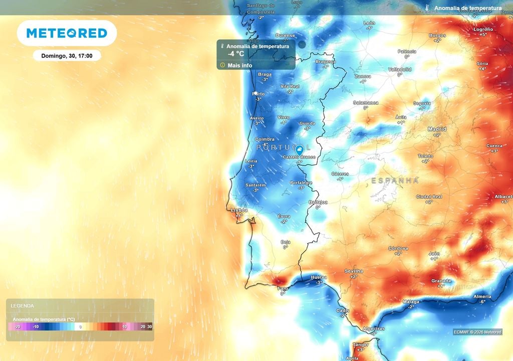 Grande parte do território continuará com temperaturas ligeiramente abaixo da média climatológica, geralmente entre 0 e -4 ºC. No Algarve, contudo, já surgem áreas com anomalias positivas.