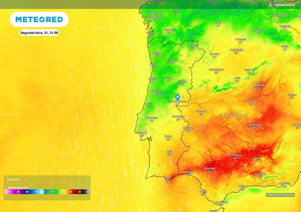 A recuperação térmica torna-se mais evidente no início da semana. Ao final do dia, várias regiões do Centro e Sul irão manter temperaturas acima dos 20 ºC, com o Algarve a destacar-se por valores ainda bastante elevados durante a noite.