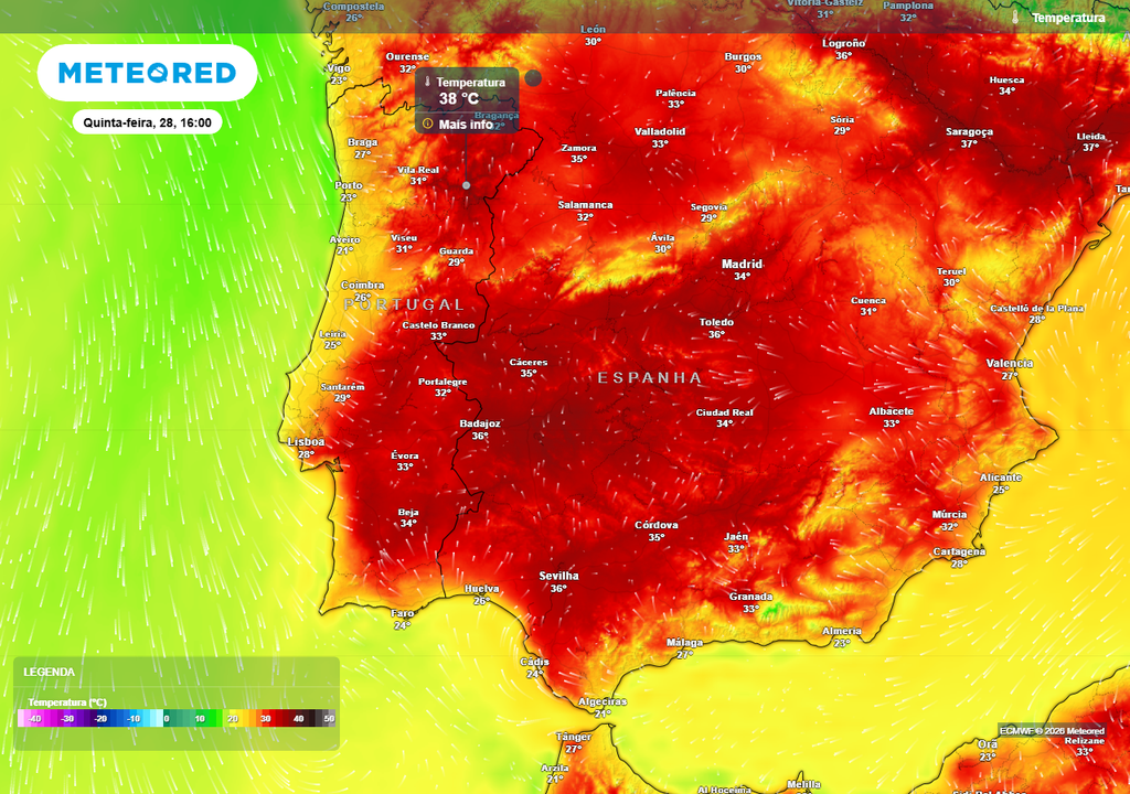 Na quinta-feira, 28 de maio, os termómetros ainda poderão escalar até aos 38 ºC no interior de Portugal continental, destacando-se o vale do Douro.