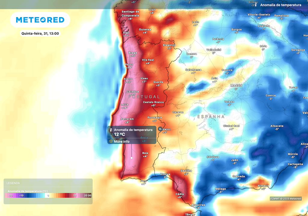 A anomalia positiva em Portugal com valores superiores a 10 ºC. A anomalia positiva em Portugal com valores superiores a 10 ºC.