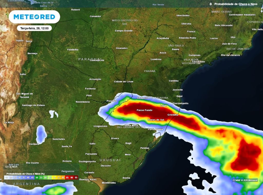 Mapa mostra áreas com grandes possibilidades de chuva ao final da manhã desta terça (28).