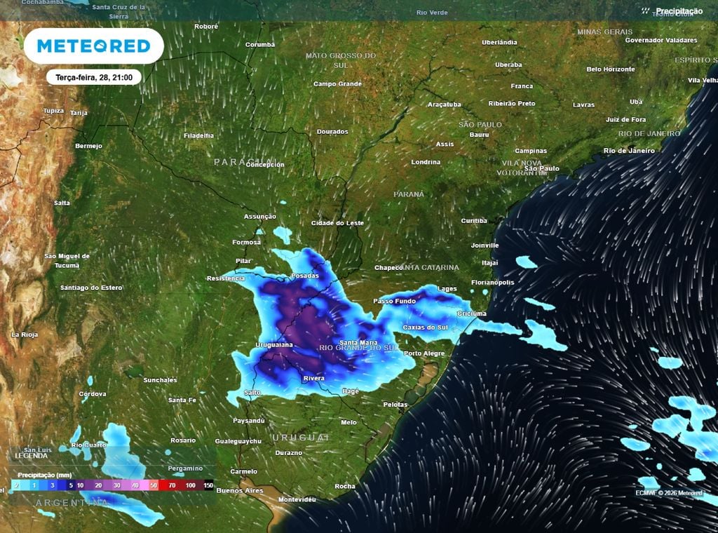 Previsão de chuvas intensas para a Camapnha Gaúcha e oeste do Rio Grande do Sul na noite de hoje (28).