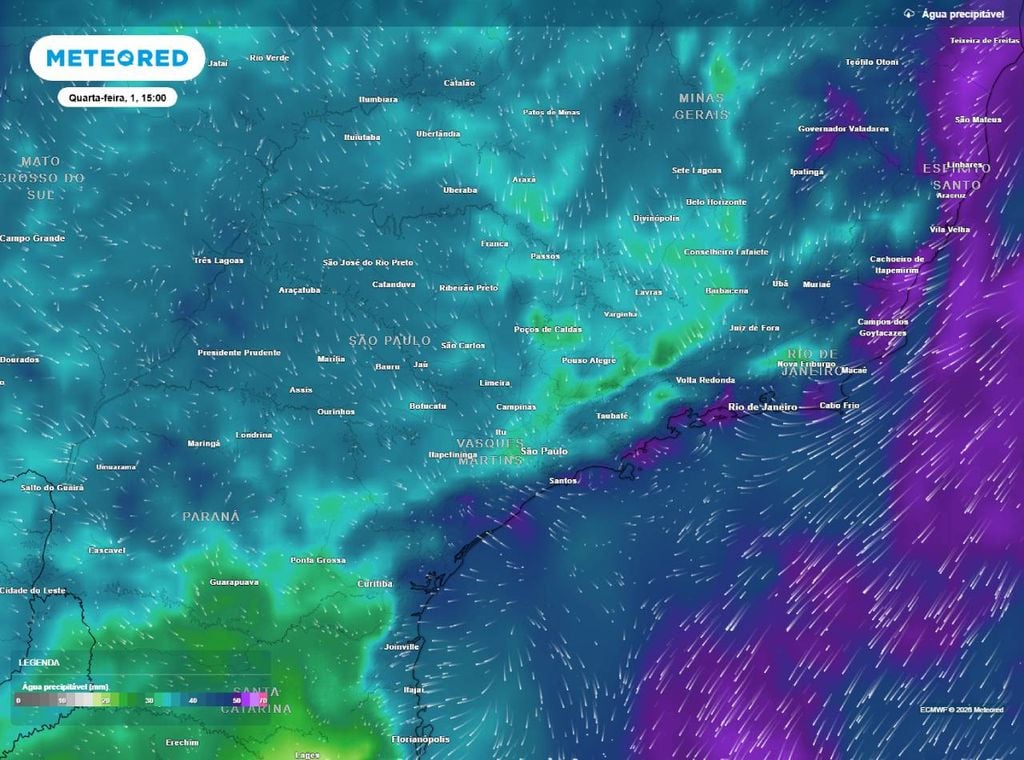 Previsão da probabilidade de precipitação (%) para quarta-feira (1º de abril) à tarde (15h), segundo o modelo europeu ECMWF, mostrando sobre SP e RS valores moderados de conteúdo de vapor d'água presente na atmosfera disponível para se transformar em chuva.