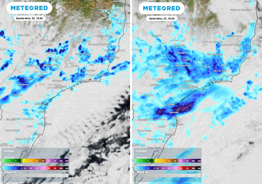 Previsão de chuva (mm) e nebulosidade (tons acinzentados/branco) para quinta-feira (22) às 15h à esquerda e para sexta-feira (23) às 15h à direita, segundo o modelo europeu ECMWF.