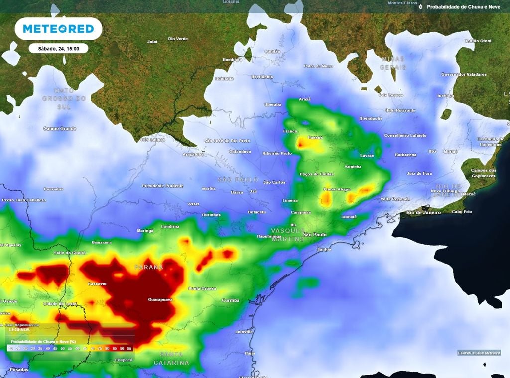Previsão da probabilidade (%) de ocorrência de chuvas no sábado (24) às 15h, segundo o modelo europeu ECMWF.