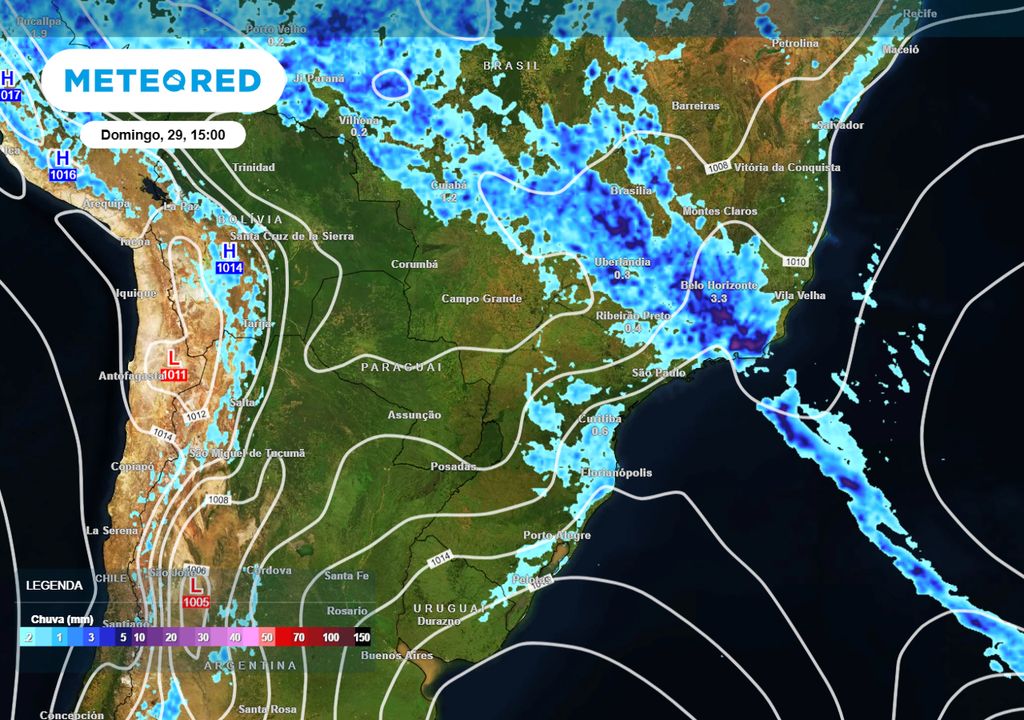 Previsão de pressão atmosférica e chuva no domingo de tarde.