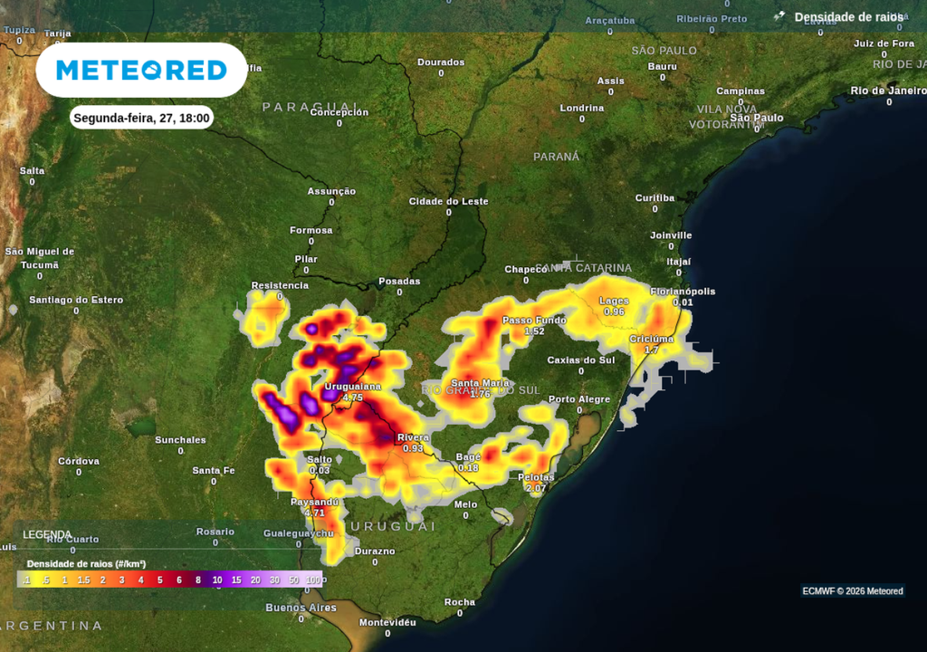 Previsão de tempestades para segunda-feira (27), segundo o ECMWF. Previsão de tempestades para segunda-feira (27), segundo o ECMWF.