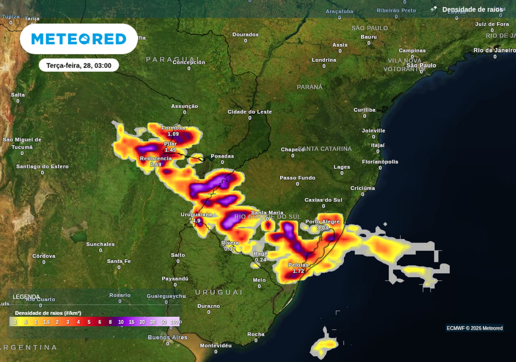 Previsão de tempestades para segunda-feira (27), segundo o ECMWF. Previsão de tempestades para terça-feira (28), segundo o ECMWF.