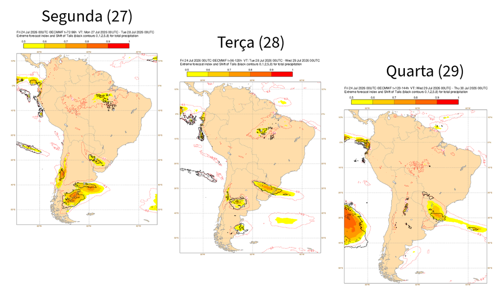 EFI do modelo ECMWF para a precipitação entre segunda (27) e quarta (29). Créditos: Elaborado por Meteored com mapas do ECMWF. EFI do modelo ECMWF para a precipitação entre segunda (27) e quarta (29). Créditos: Elaborado por Meteored com mapas do ECMWF.