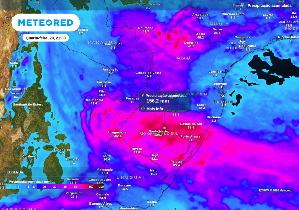 Previsão de chuva acumulada até a noite de terça-feira (28), segundo o ECMWF. Previsão de chuva acumulada até a noite de terça-feira (28), segundo o ECMWF.