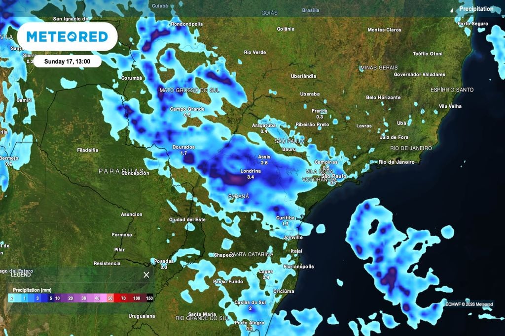 chuva, São Paulo, cana de açúcar Precipitação prevista para domingo (17) mostra pancadas avançando sobre Mato Grosso do Sul, Paraná e sul de São Paulo, reforçando o risco para áreas agrícolas sensíveis.