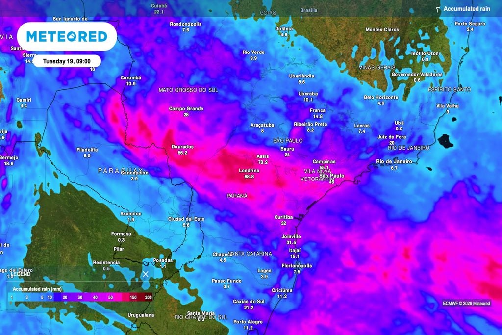 Risco, chuva, acumulada, anomalia Chuva acumulada até terça-feira (19) indica maiores volumes entre Mato Grosso do Sul, Paraná e sul de São Paulo, com risco de transtornos no campo e nas cidades.