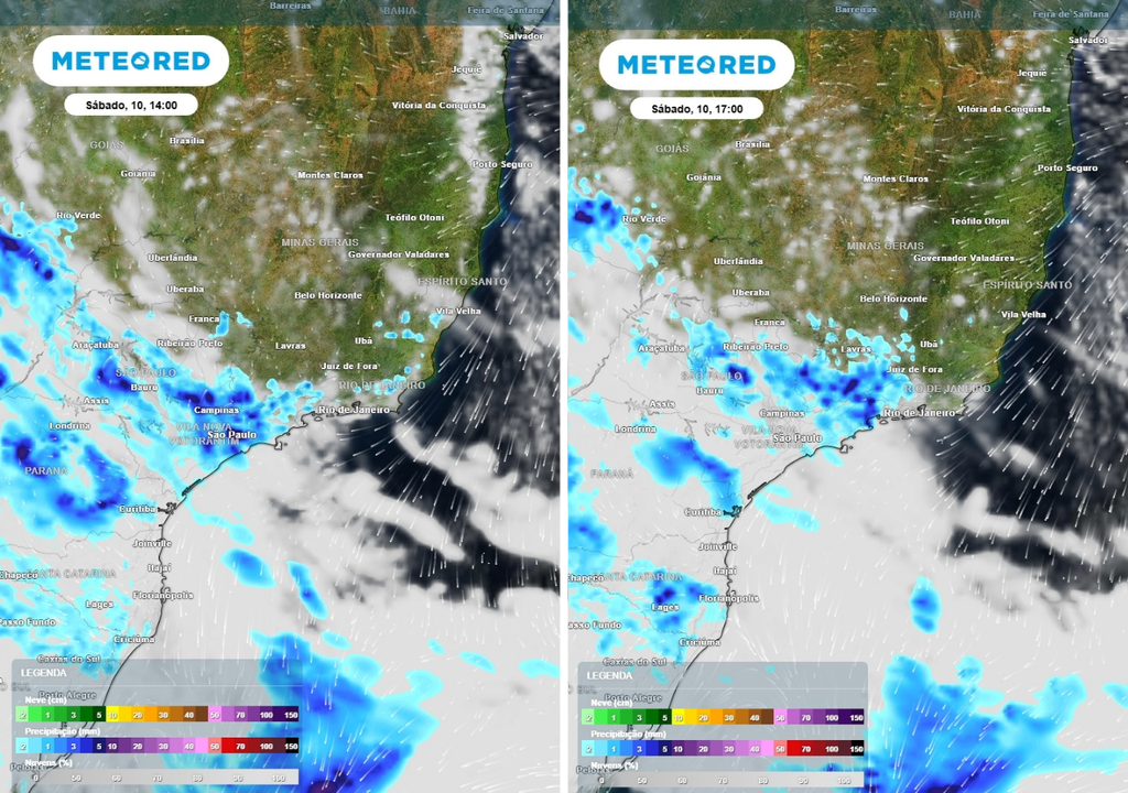 Previsão de chuva (mm) para sábado (10) às 14h à esquerda e às 17h à direita, segundo o modelo europeu ECMWF.
