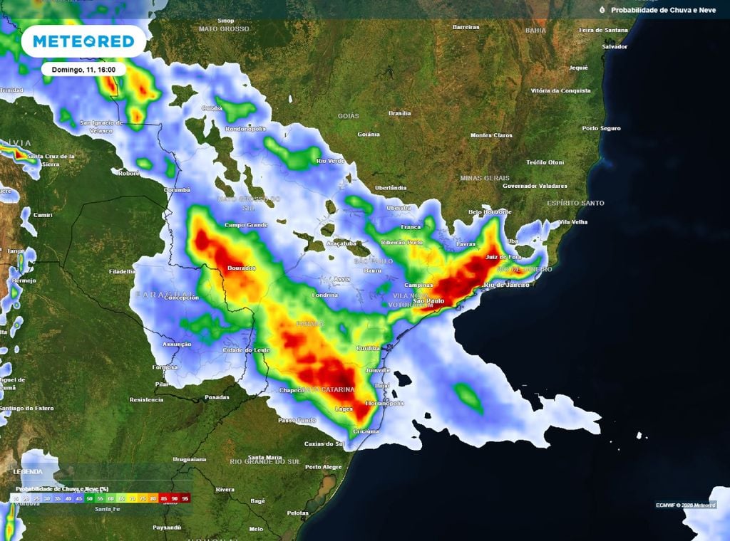 Previsão da probabilidade (%) de precipitação para domingo (11) às 16h, segundo o modelo europeu ECMWF.